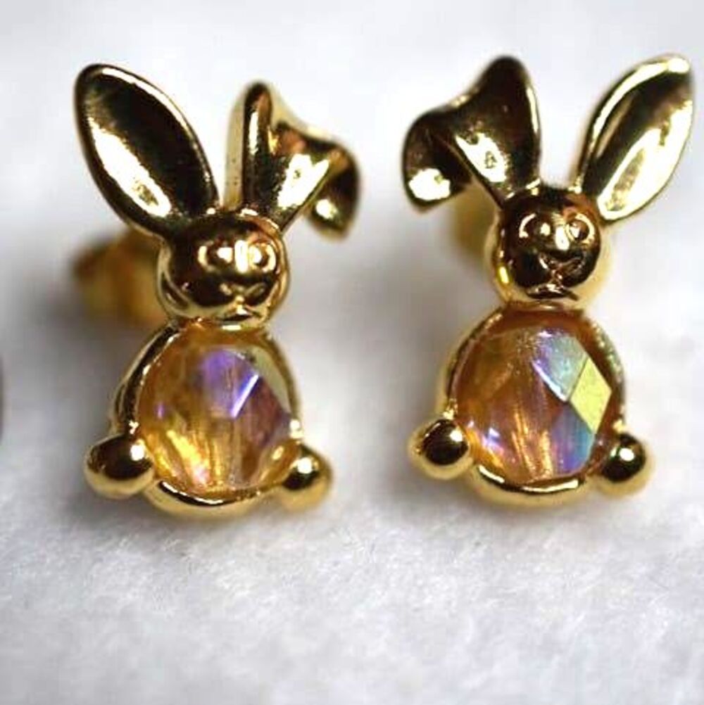 Vintage Avon Fun Funky Rhinestone Gold Tone Bunny Post Like New Earrings